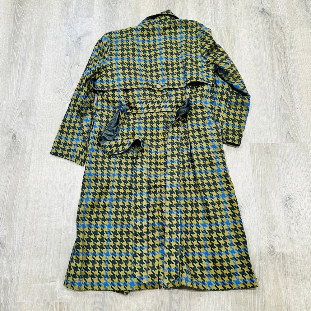 The Drop signedblake Houndstooth Trench Coat Olive Blue Faux Leather Trim M - Picture 15 of 16